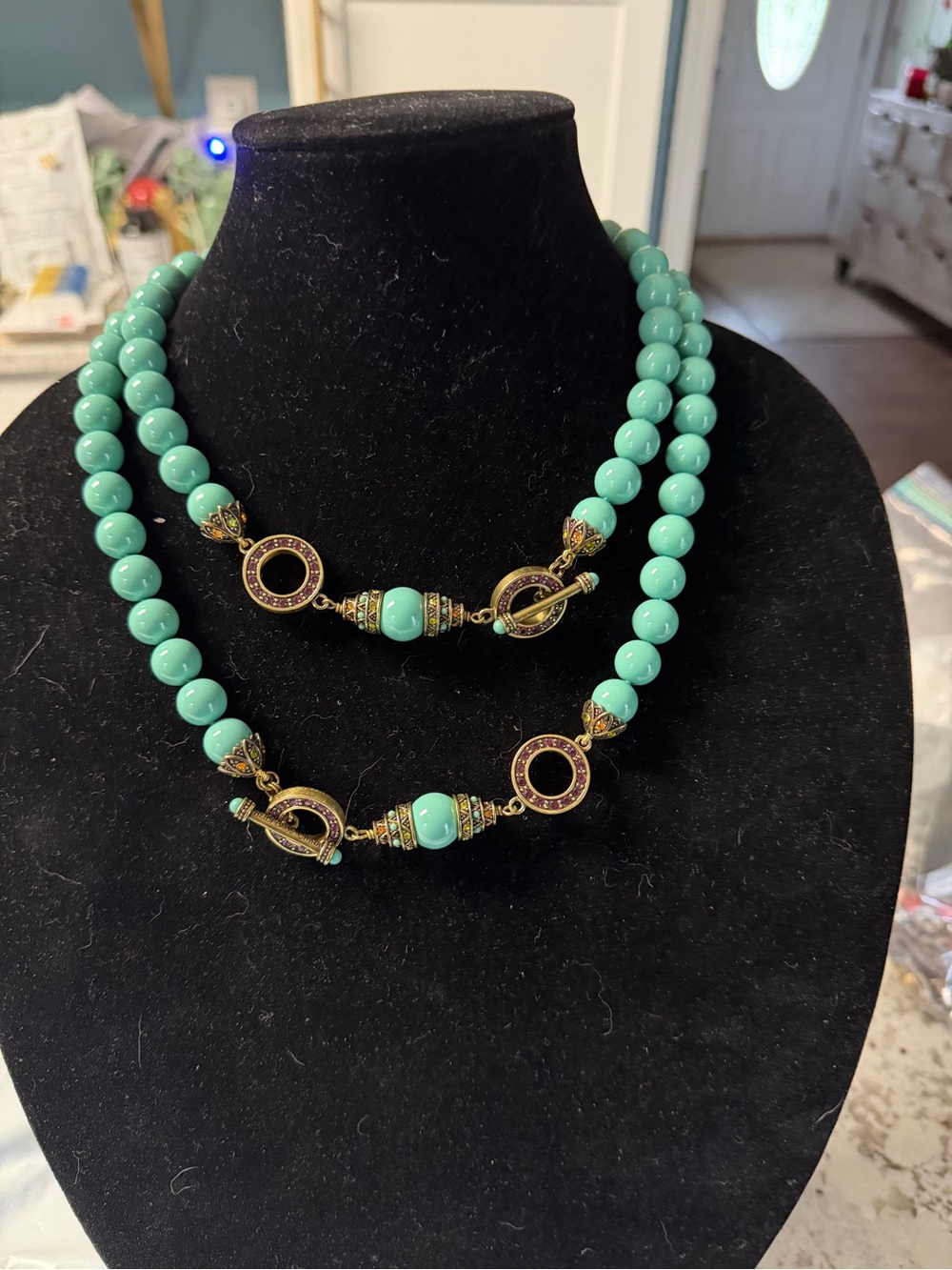 Heidi Daus Turquoise Two Beaded Strand Necklaces with Gold Accents